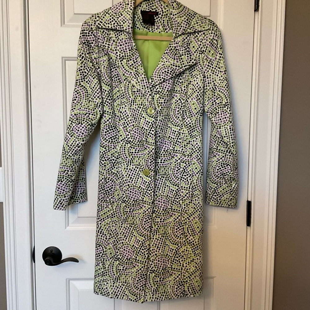 Willi Smith Green and Purple Patterned Knee Length Trench Coat Size 12